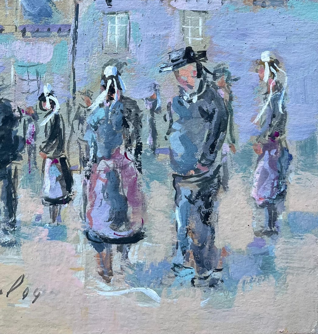 F.T Roussel; French Village Gathering Scene with Breton Figures and Slate Rooftops, 1999 - 16