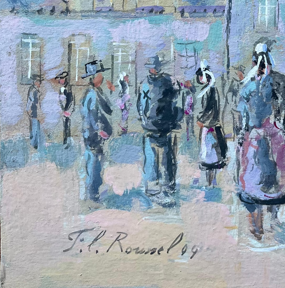 F.T Roussel; French Village Gathering Scene with Breton Figures and Slate Rooftops, 1999 - 3
