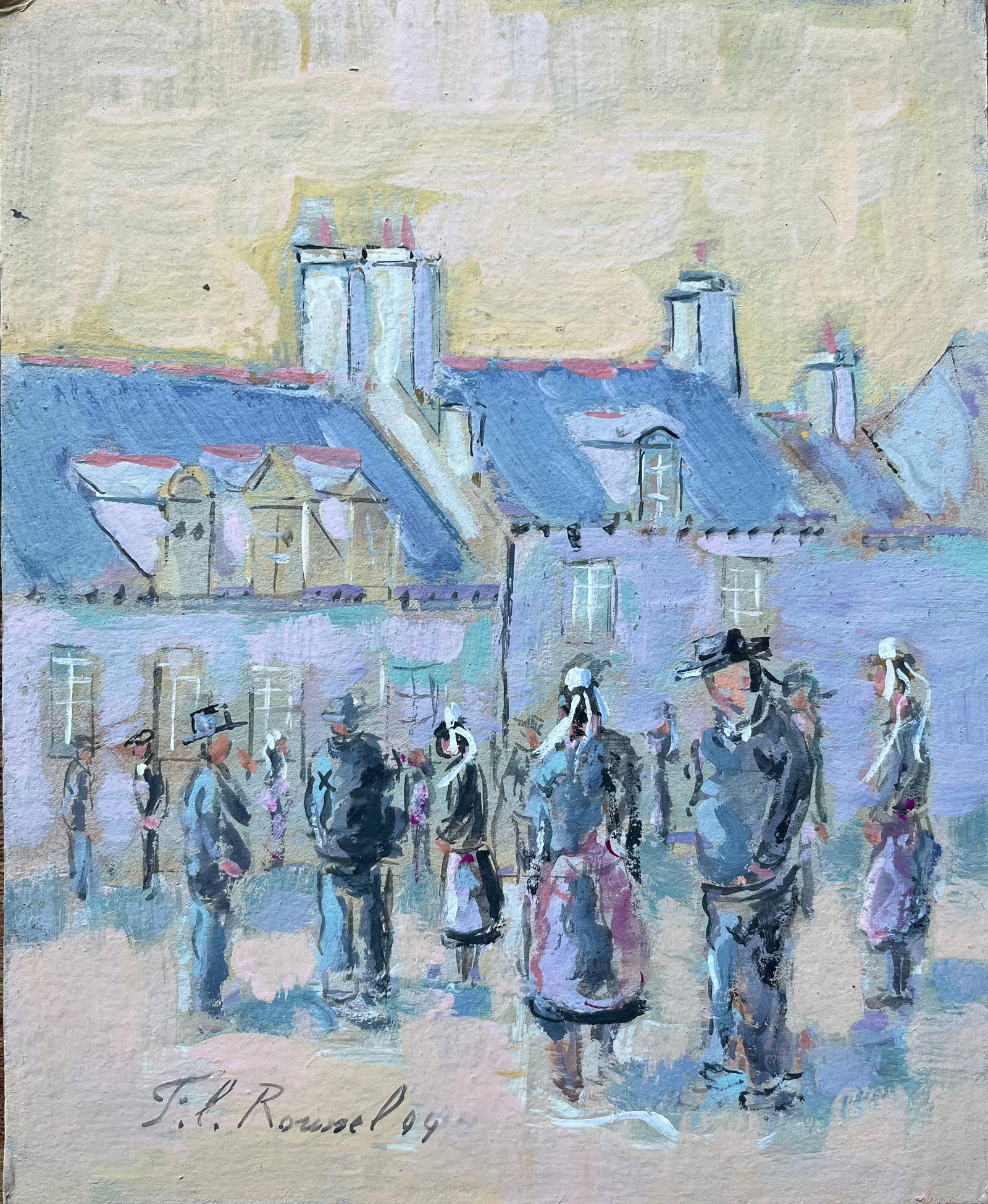 F.T Roussel; French Village Gathering Scene with Breton Figures and Slate Rooftops, 1999 - 7
