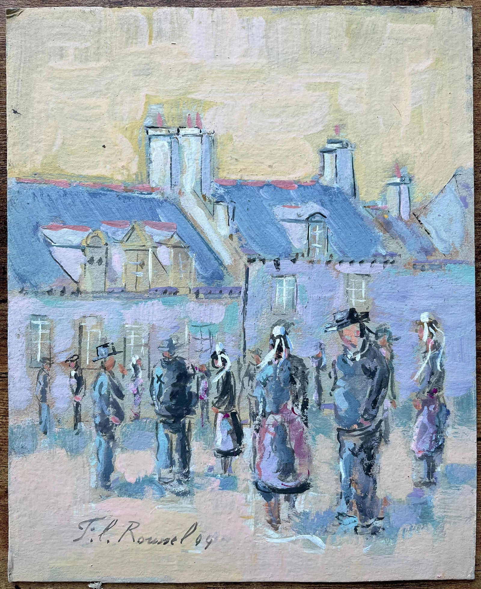 F.T Roussel; French Village Gathering Scene with Breton Figures and Slate Rooftops, 1999 - 8