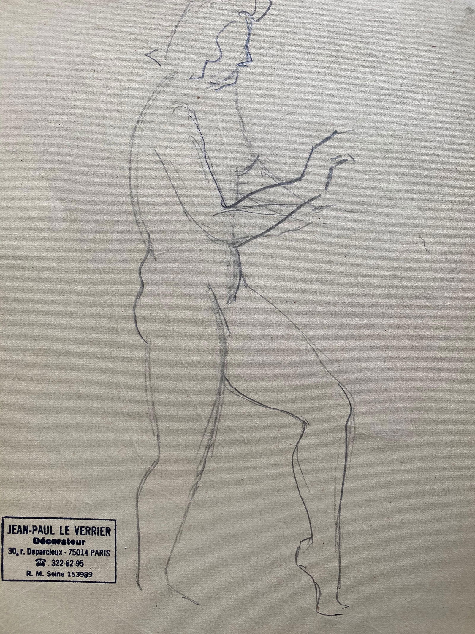 Jean-Paul le Verrier; Mid 20th century French Original Line Drawing Sketch Figure Female- Stamped: Title: Jean-Paul le Verrier; Mid 20th century French Original Line Drawing Sketch Figure Female- Stamped Description: French mid 20th century Wood and plaster frame Internal measurement (to house