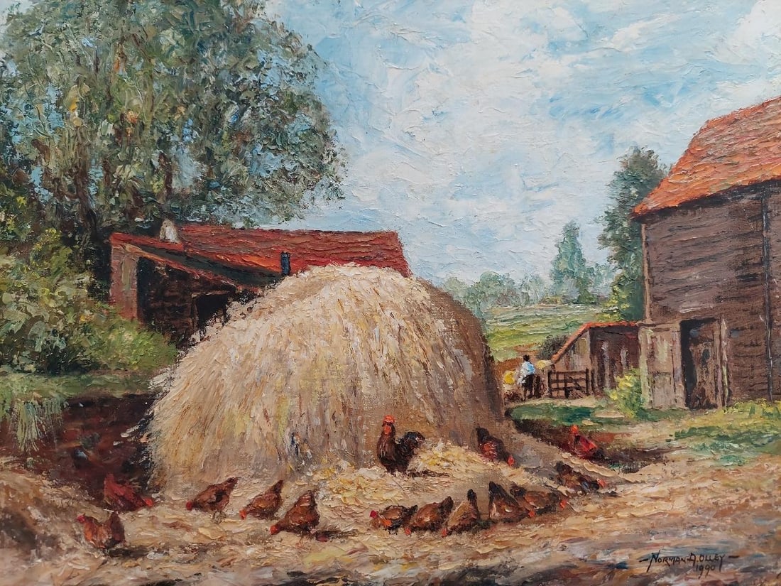 English School; Traditional English Painting Chickens at Farm in Thames Ditton Surrey, 20th Century - 7