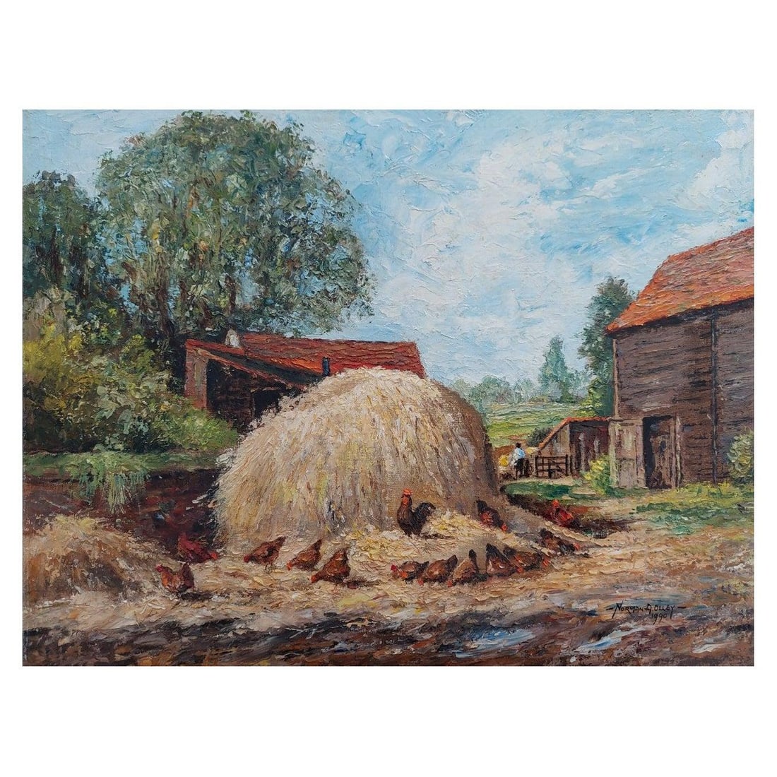 English School; Traditional English Painting Chickens at Farm in Thames Ditton Surrey, 20th Century - 14