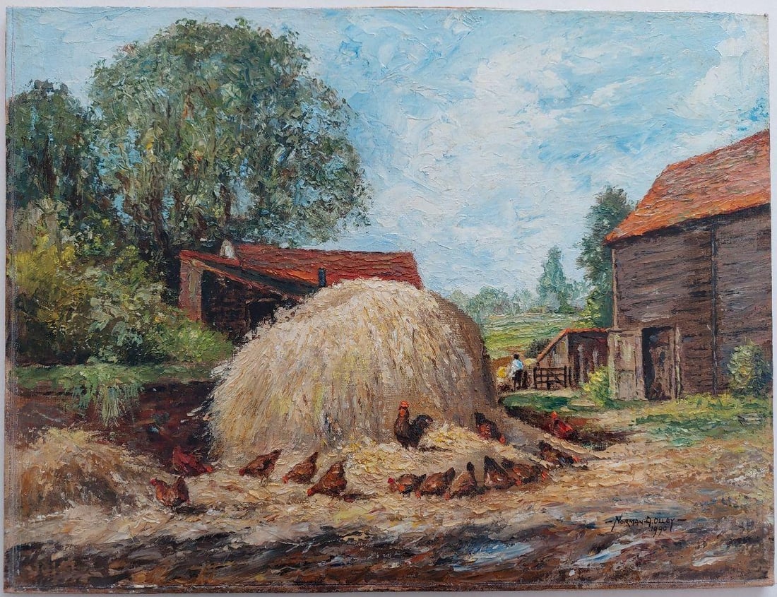 English School; Traditional English Painting Chickens at Farm in Thames Ditton Surrey, 20th Century - 5
