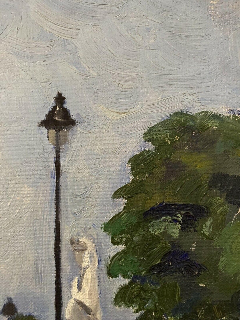 Genevieve Zondervan, French Oil Painting, Paris Park Scene Statues, circa 1950s - 2