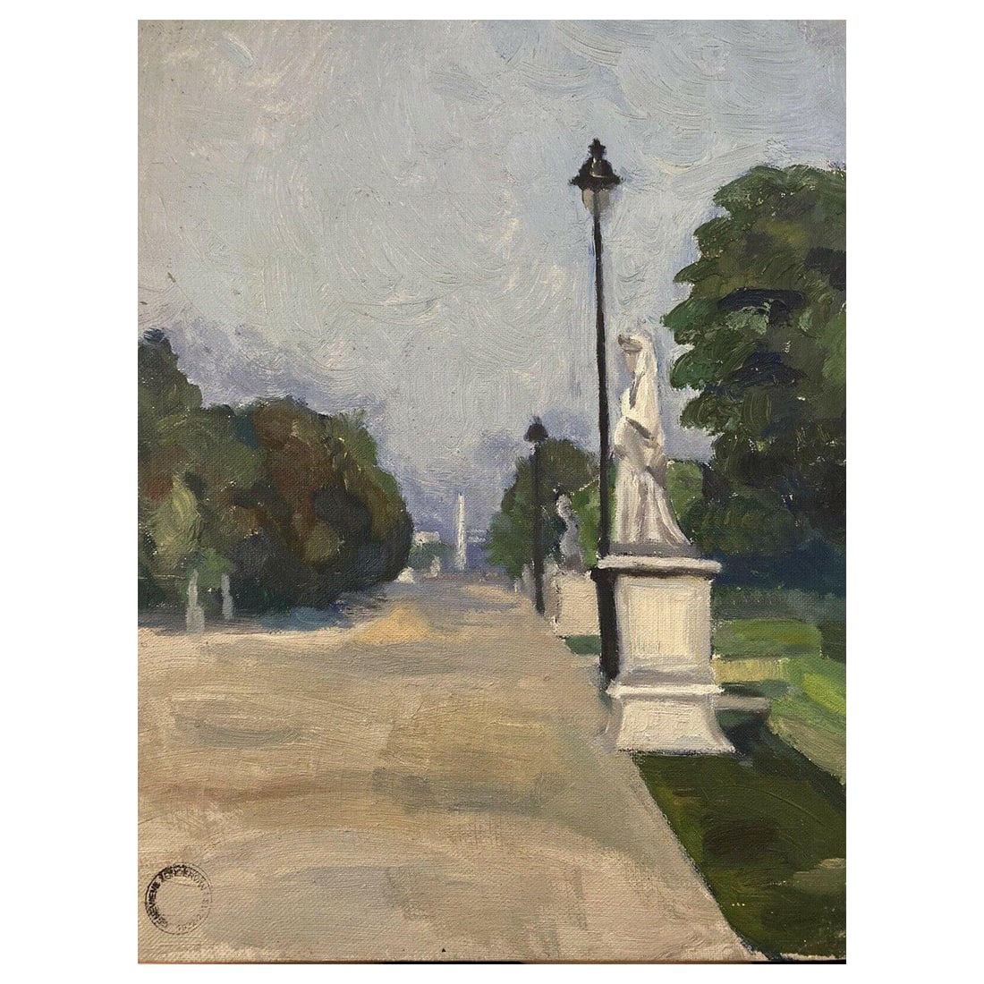 Genevieve Zondervan, French Oil Painting, Paris Park Scene Statues, circa 1950s - 4