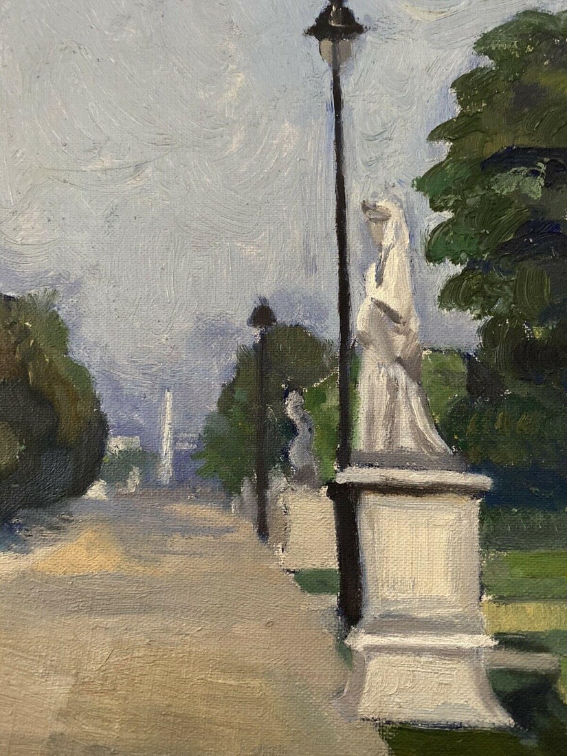 Genevieve Zondervan, French Oil Painting, Paris Park Scene Statues, circa 1950s - 5