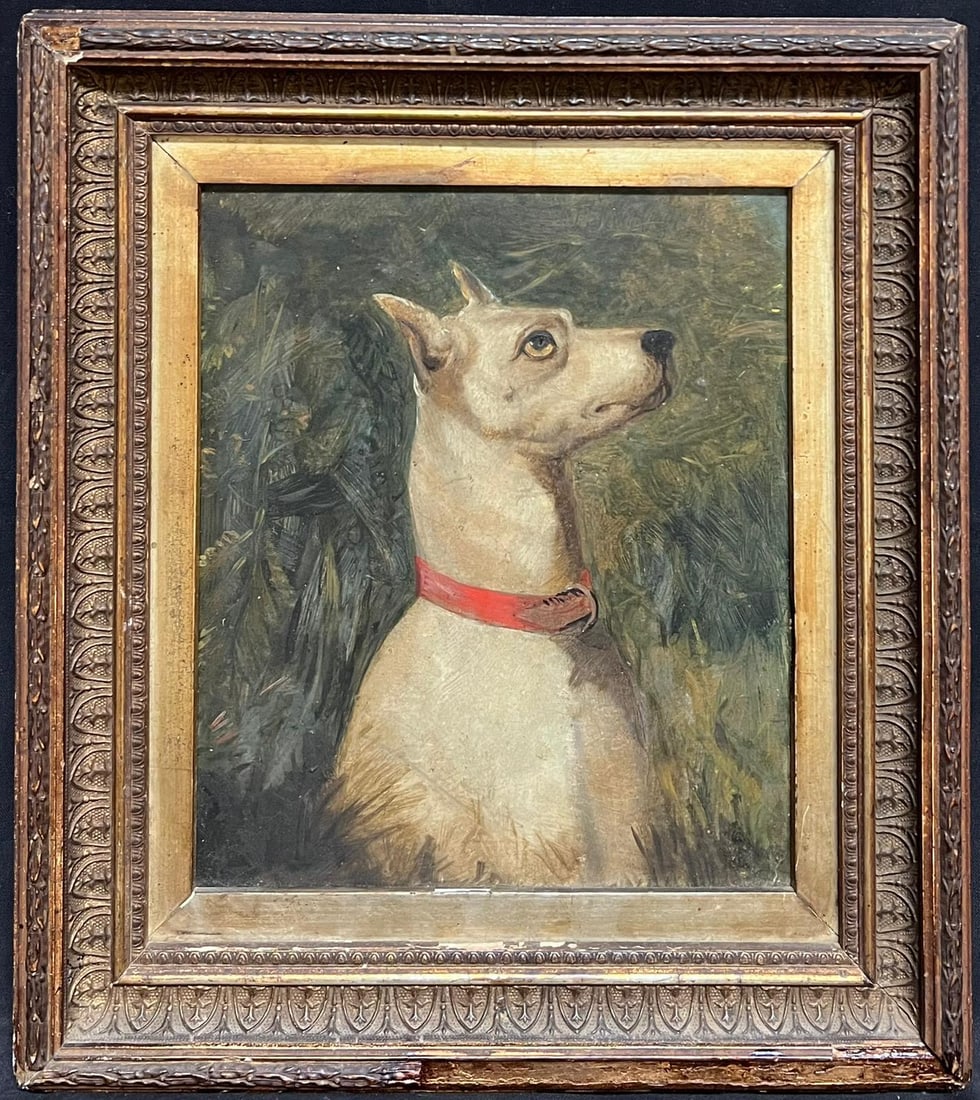 English Victorian Oil ; Victorian English Dog Painting White Terrier Looking Alert with Red Collar - 4