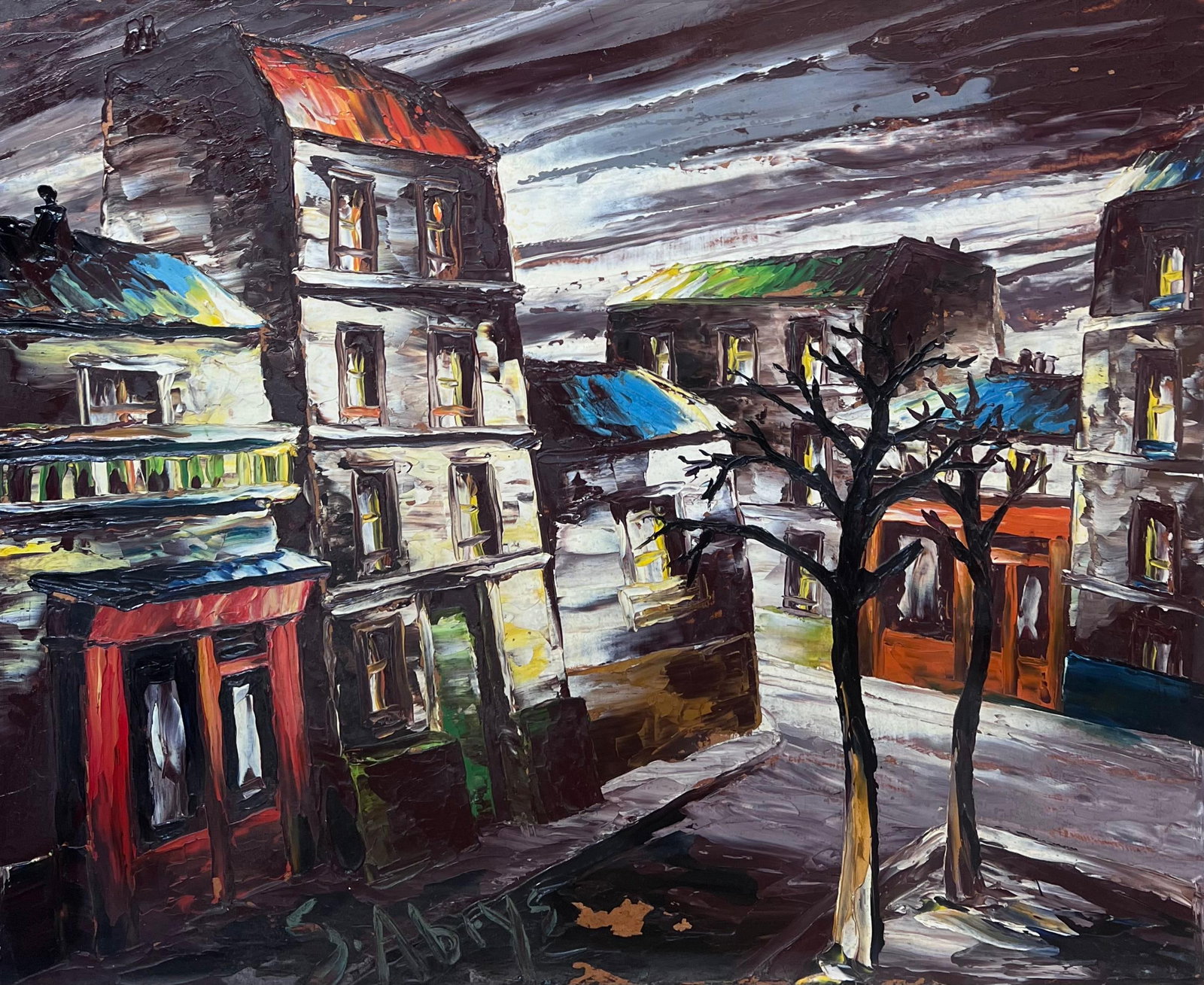 Léon Schwartz - Abrys; 20th Century French Expressionist Oil Painting City Streets at Night: Title: Léon Schwartz - Abrys; 20th Century French Expressionist Oil Painting City Streets at Night Description: Title: French Impressionist Coastal Scene of Fishermen and Boats in Brittany By Fan