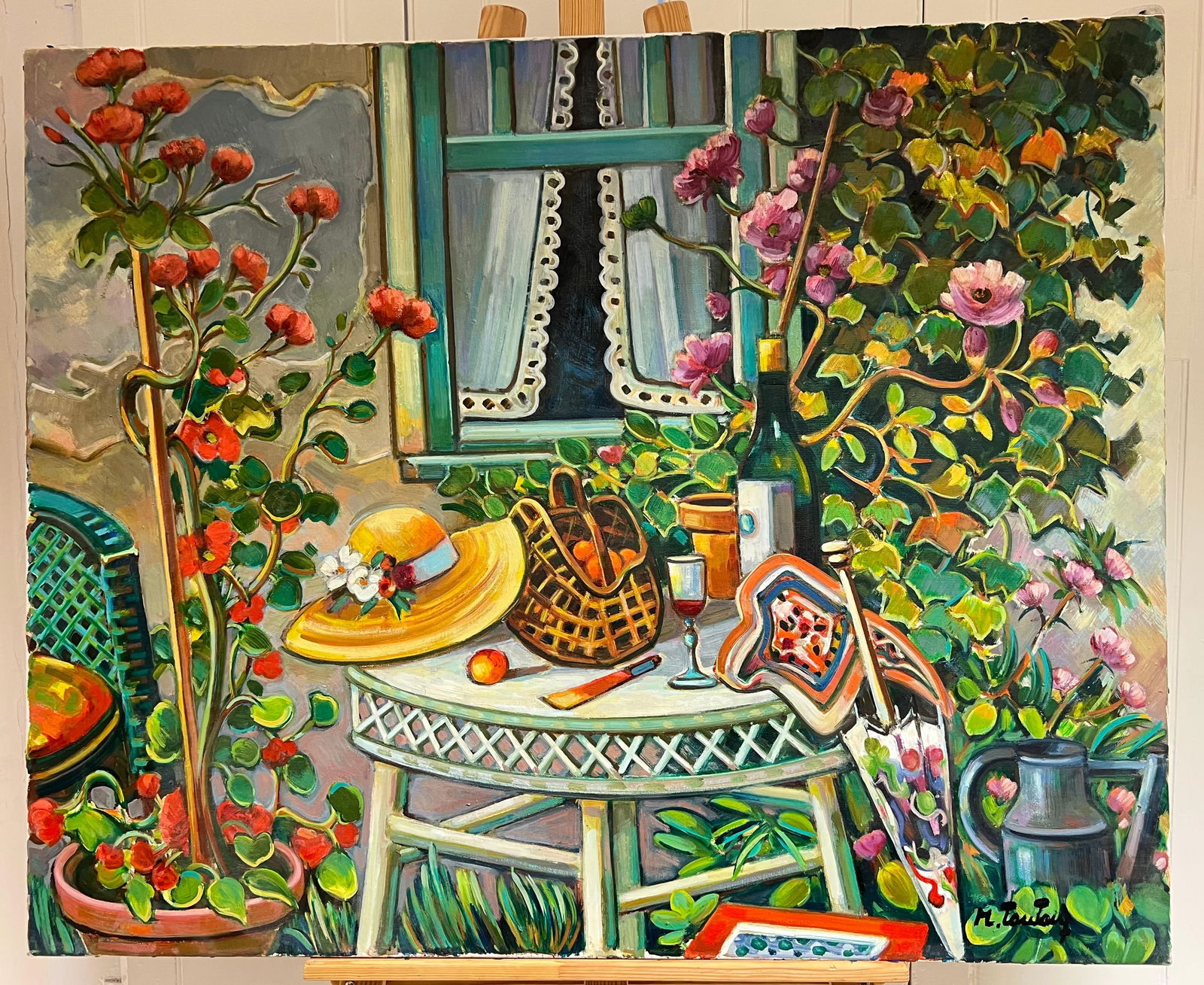 Max Toutain; Provencal Garden Window Scene Flowers & Old Hat Huge 20th Century French Oil - 5