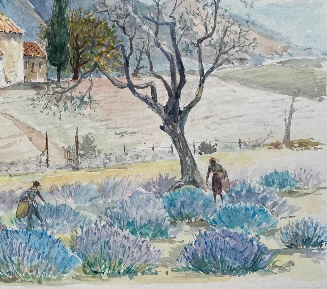 Robert Lepine (1929 - 2017); Provence Watercolor of Lavender Fields & Rustic Chapel in Countryside, - 16