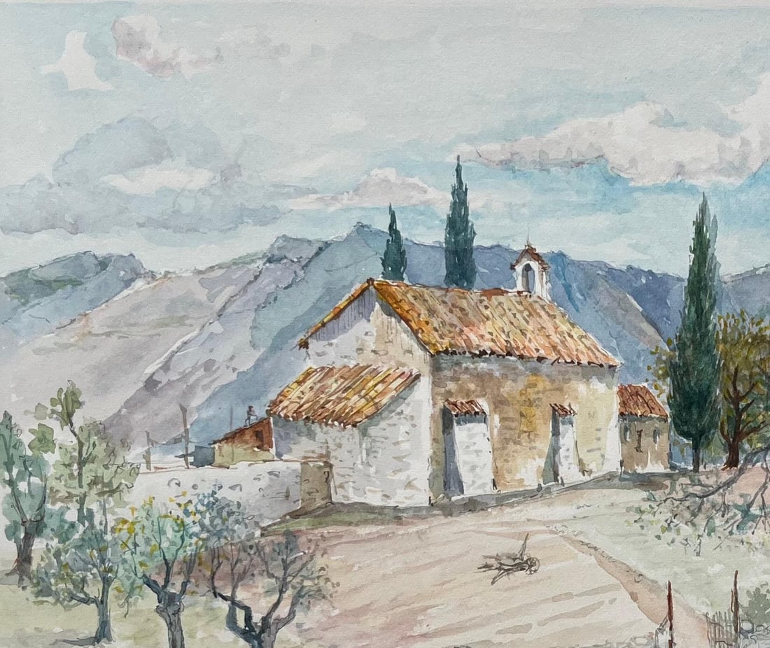 Robert Lepine (1929 - 2017); Provence Watercolor of Lavender Fields & Rustic Chapel in Countryside, - 17