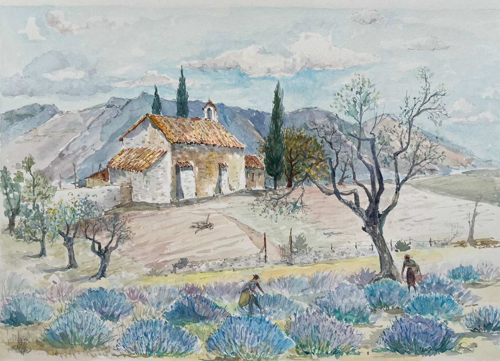 Robert Lepine (1929 - 2017); Provence Watercolor of Lavender Fields & Rustic Chapel in Countryside, - 7