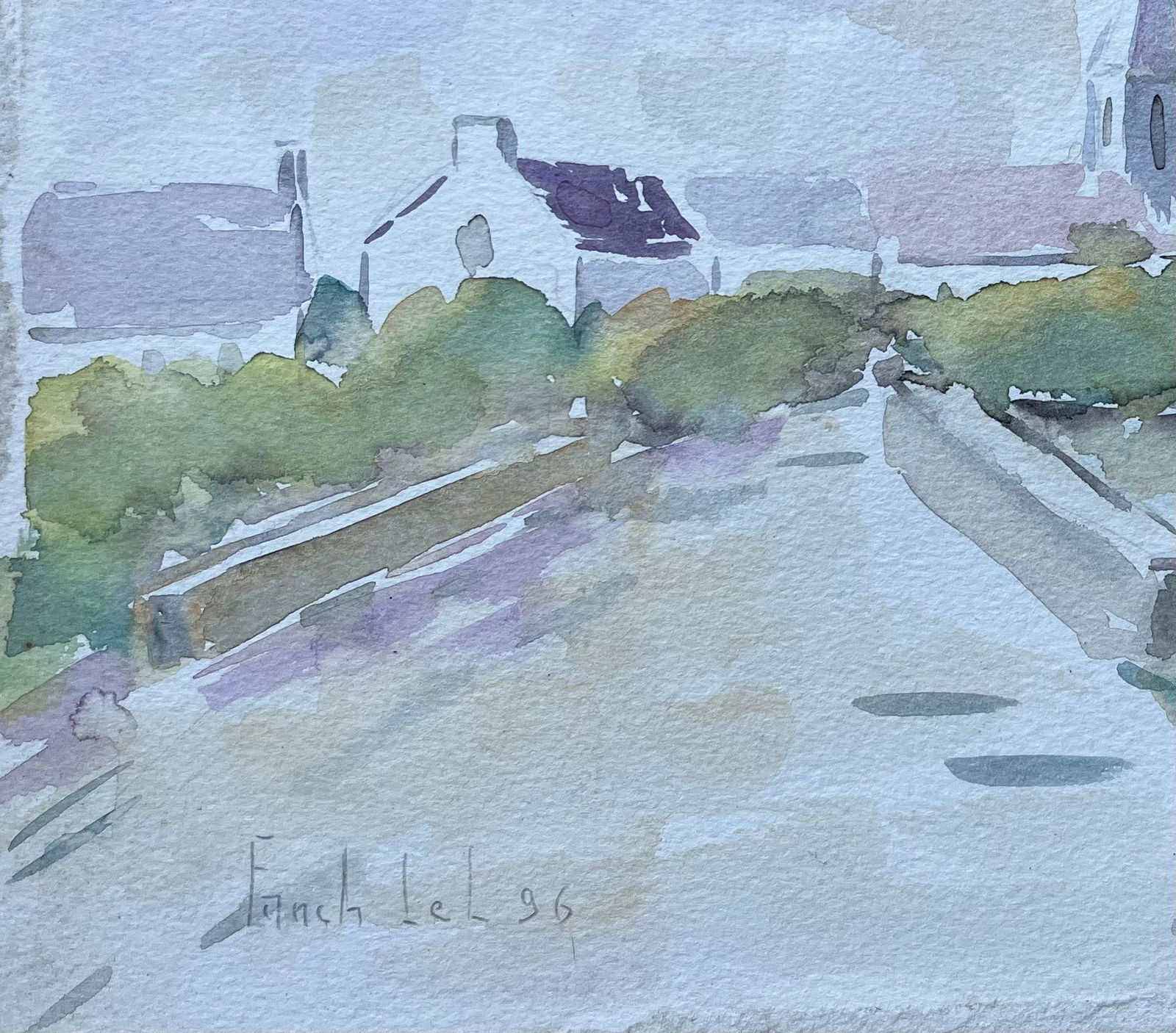 Fanch Lel; French Watercolour of Bridge and Church in a Tranquil Village Scene, 1996 - 12