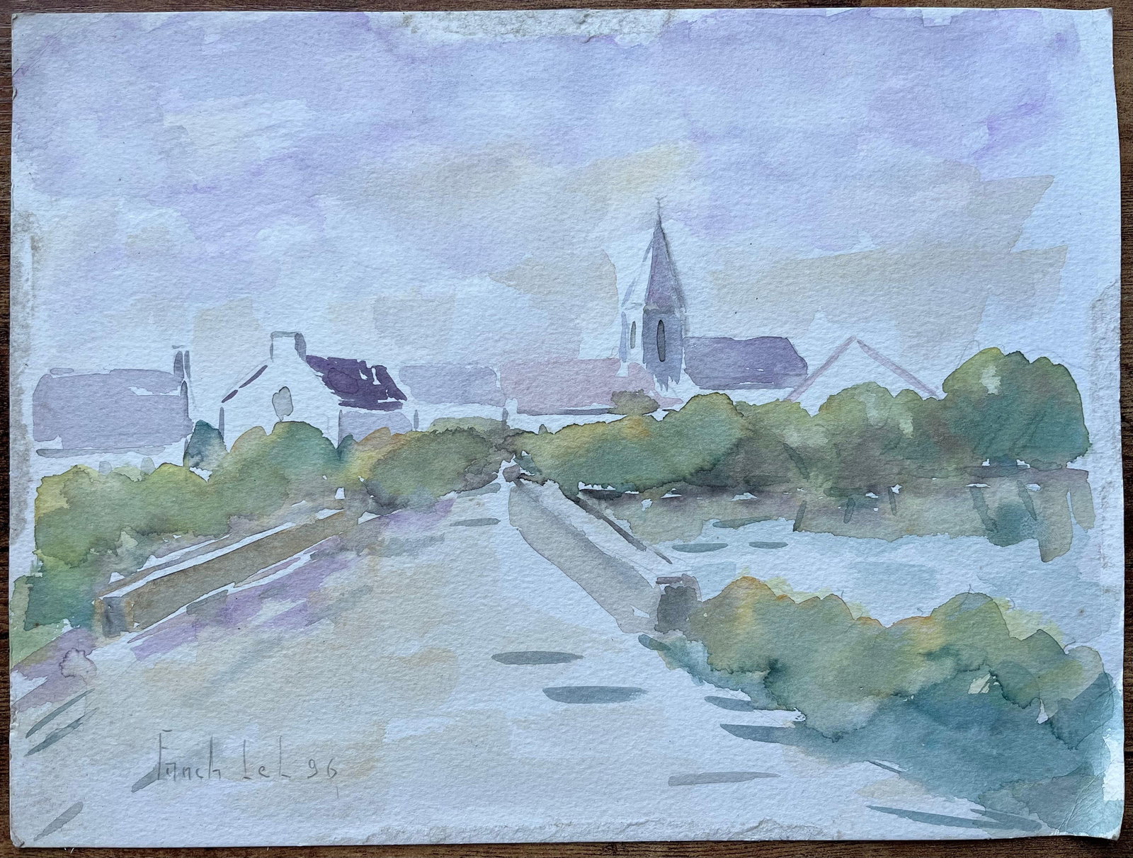 Fanch Lel; French Watercolour of Bridge and Church in a Tranquil Village Scene, 1996 - 15