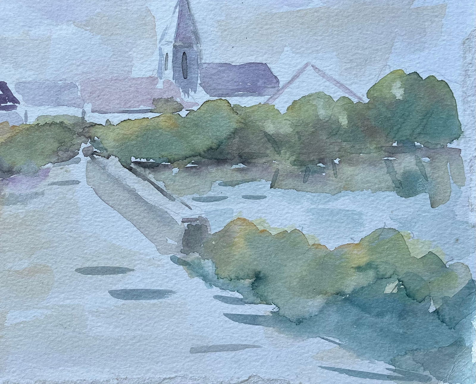 Fanch Lel; French Watercolour of Bridge and Church in a Tranquil Village Scene, 1996 - 4