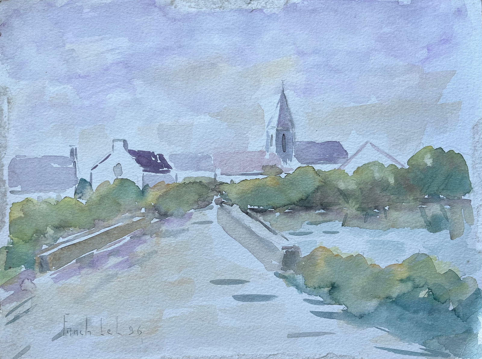 Fanch Lel; French Watercolour of Bridge and Church in a Tranquil Village Scene, 1996 - 7