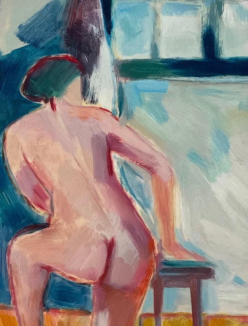 Roland Pichard; Original Oil Painting of a Figure Kneeling Next a stool in a Studio Setting - 17