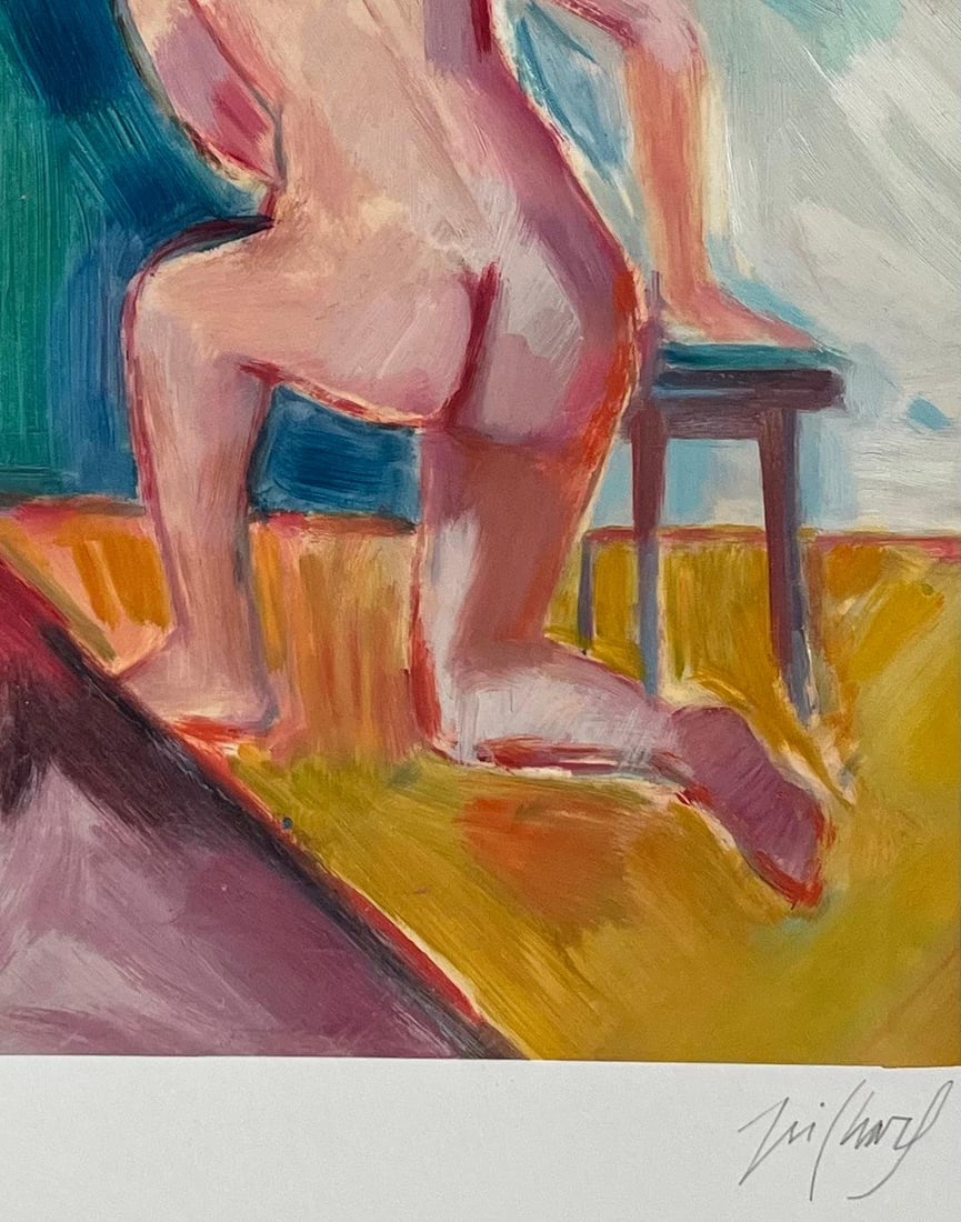 Roland Pichard; Original Oil Painting of a Figure Kneeling Next a stool in a Studio Setting - 18