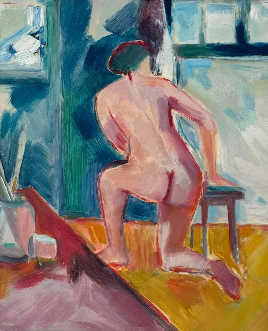 Roland Pichard; Original Oil Painting of a Figure Kneeling Next a stool in a Studio Setting: Title: Roland Pichard; Original Oil Painting of a Figure Kneeling Next a stool in a Studio Setting Description: Abstract Composition by Hermine Roy (French 1941-2023) oil on canvas, unframed signed/ i