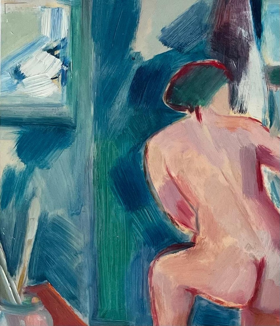 Roland Pichard; Original Oil Painting of a Figure Kneeling Next a stool in a Studio Setting - 2