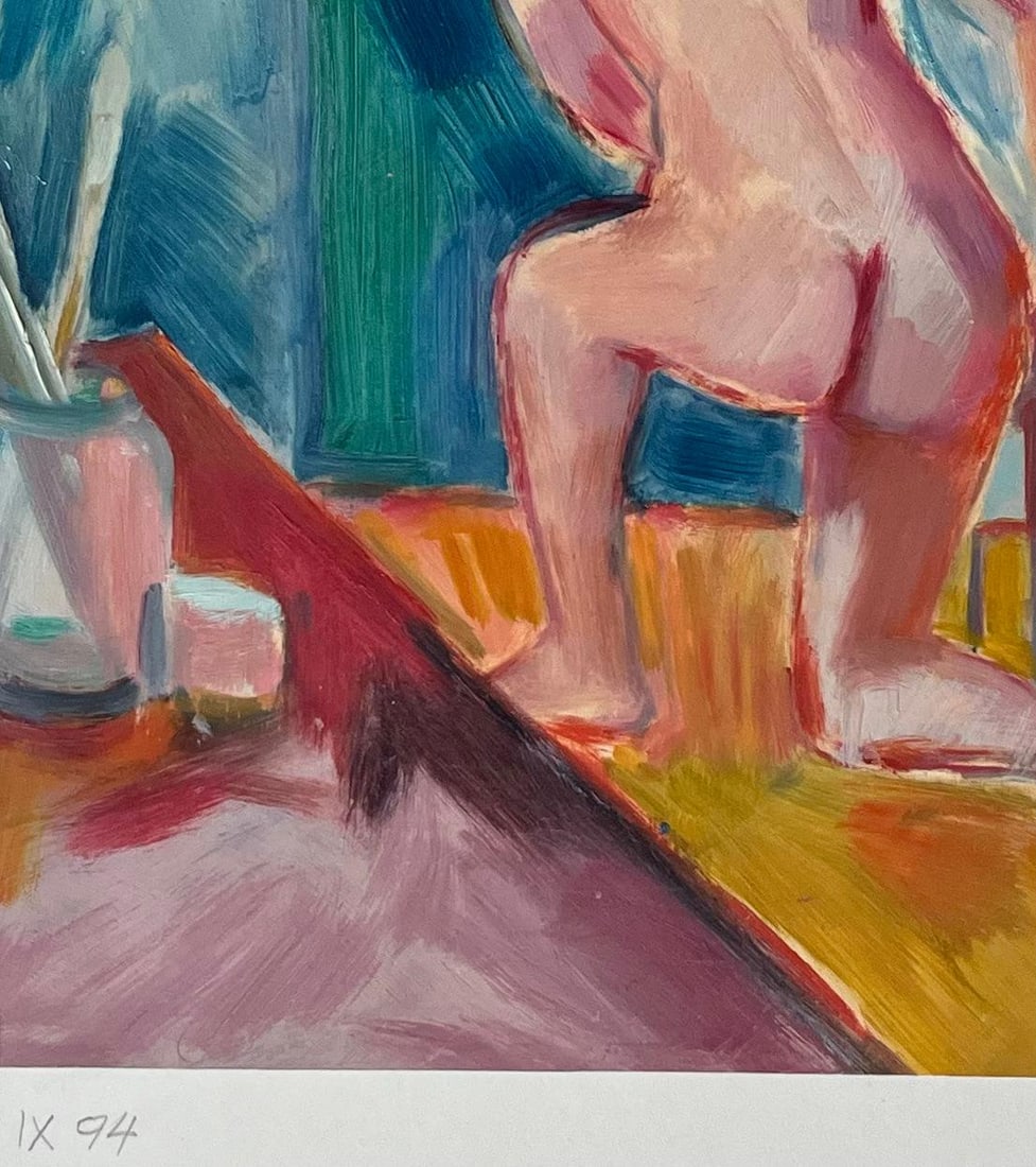 Roland Pichard; Original Oil Painting of a Figure Kneeling Next a stool in a Studio Setting - 5