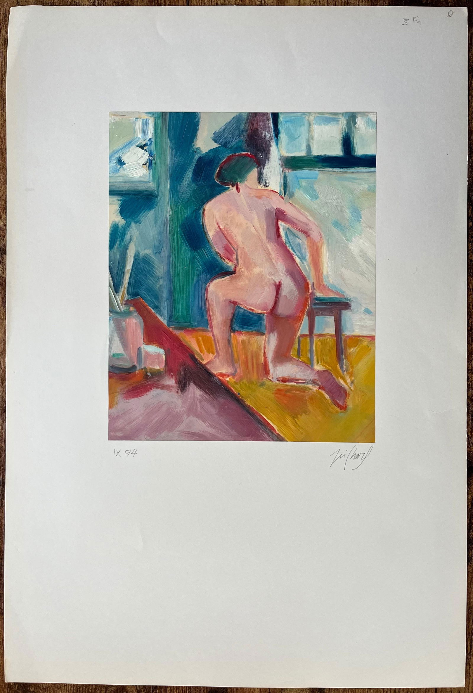 Roland Pichard; Original Oil Painting of a Figure Kneeling Next a stool in a Studio Setting - 8