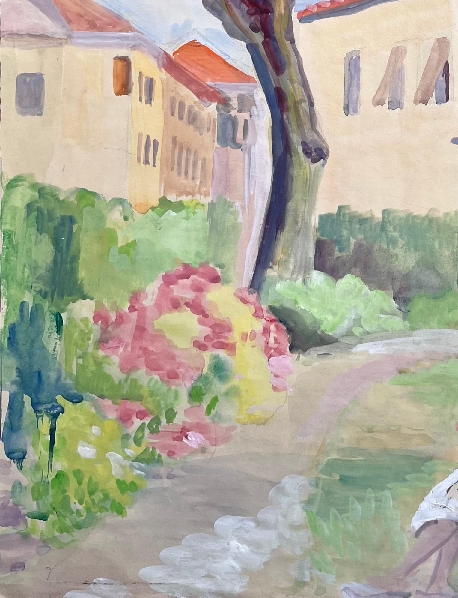 Anne Marie Migette Perard; Mid-Century French Watercolour of Woman Seated in Garden With Pink - 7
