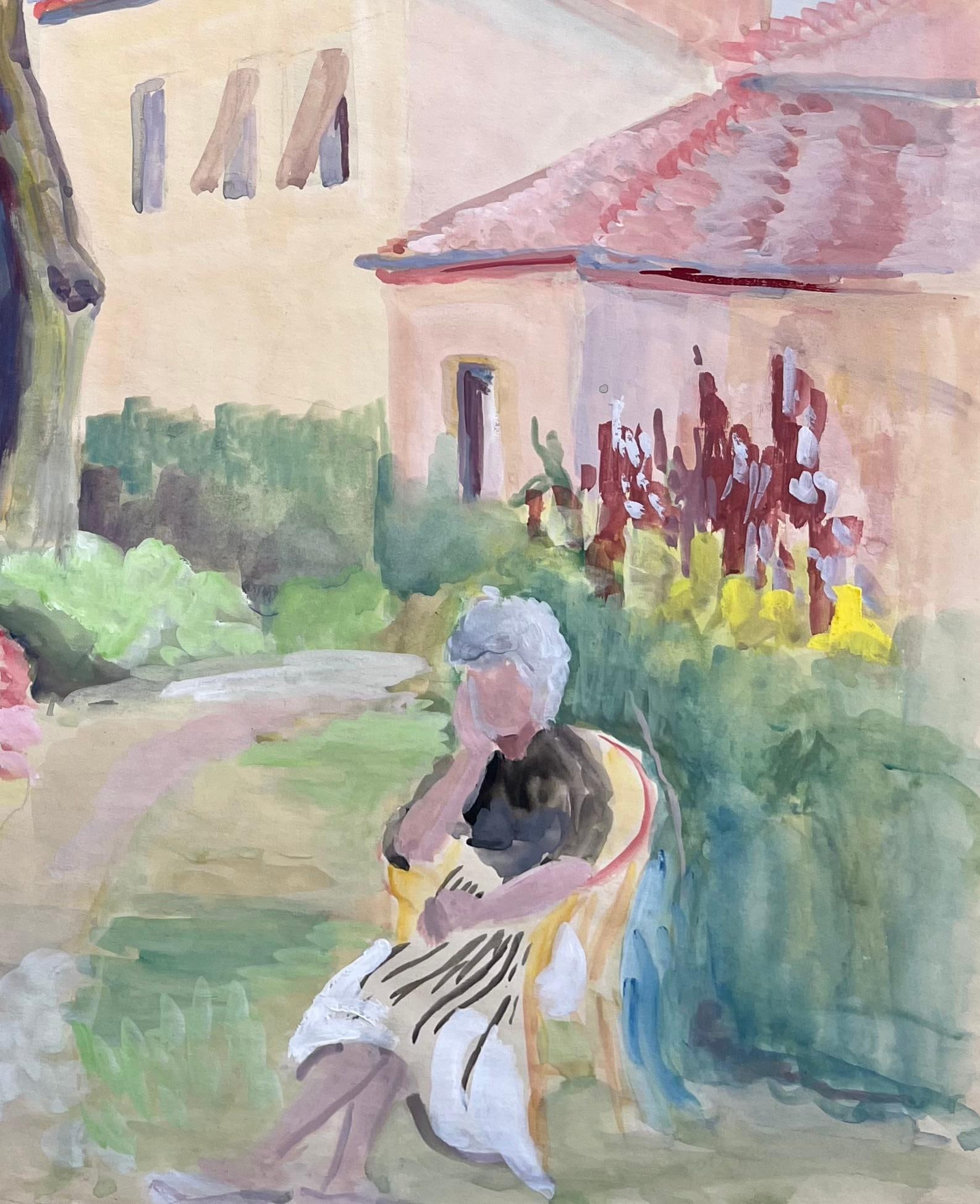 Anne Marie Migette Perard; Mid-Century French Watercolour of Woman Seated in Garden With Pink - 13