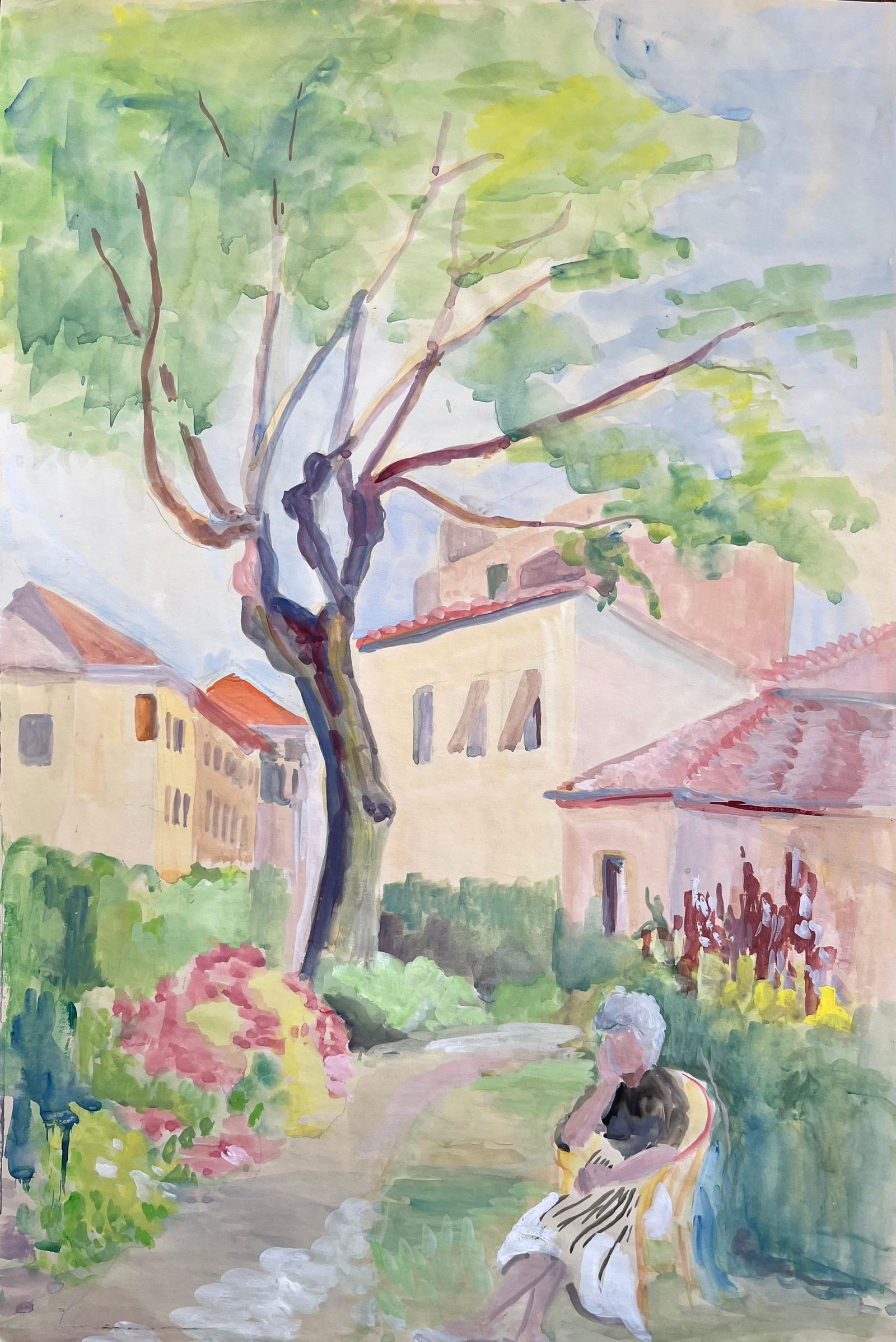 Anne Marie Migette Perard; Mid-Century French Watercolour of Woman Seated in Garden With Pink - 4
