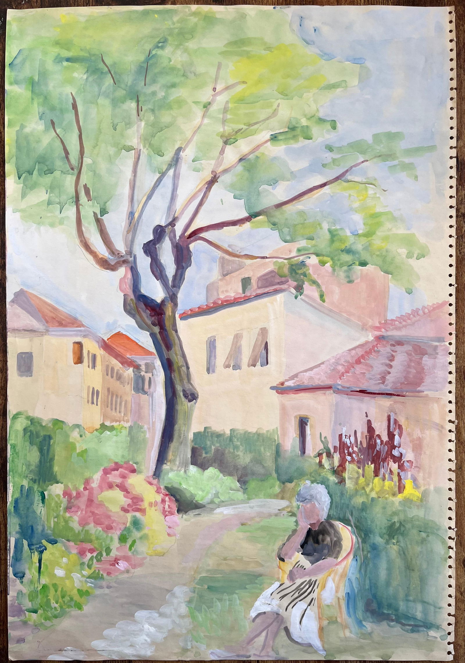 Anne Marie Migette Perard; Mid-Century French Watercolour of Woman Seated in Garden With Pink - 5