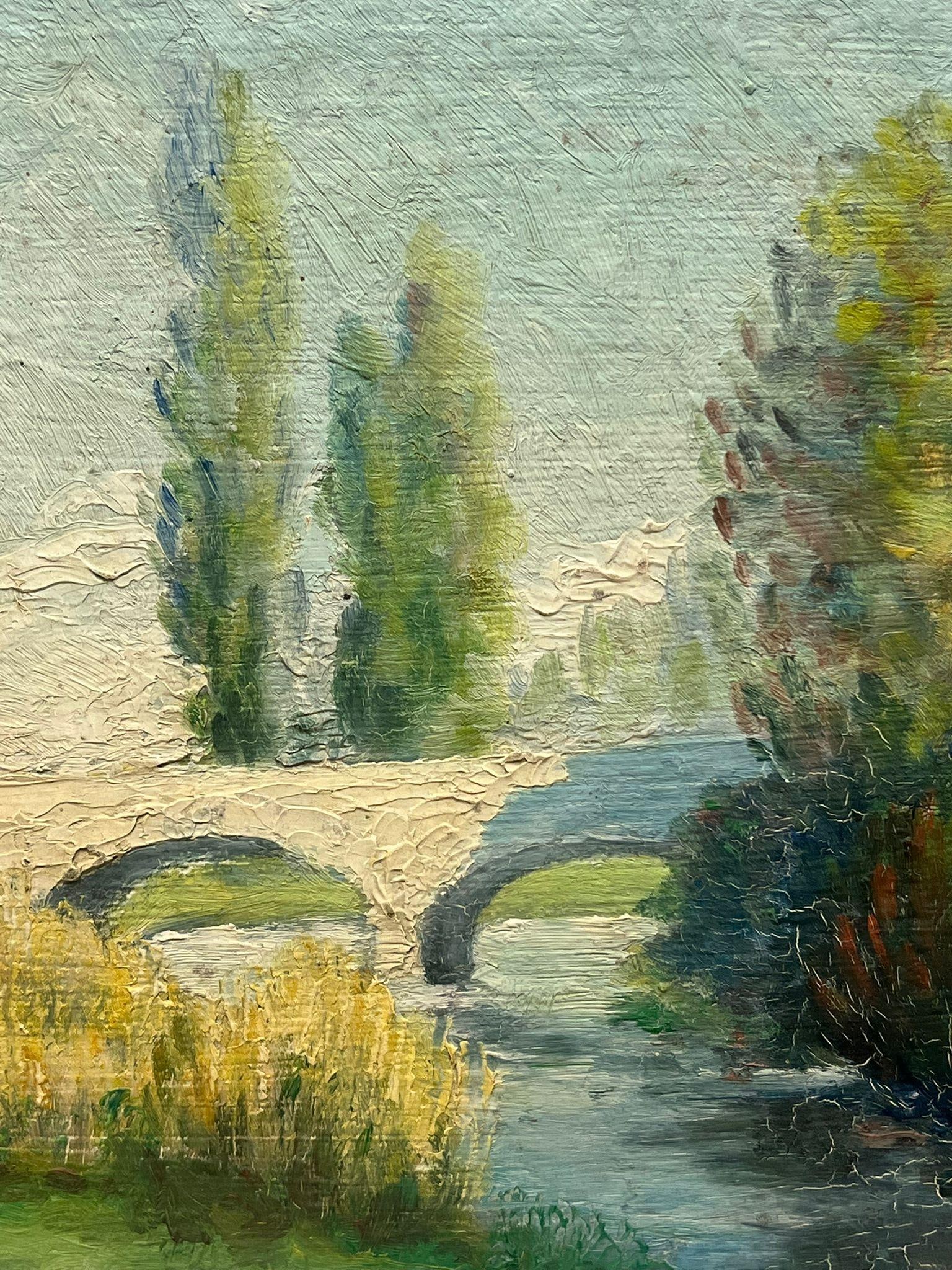Leon Dupin; 1920's French Impressionist Oil Lush Green River Bridge Oil Landscape Painting, 1920's - 13
