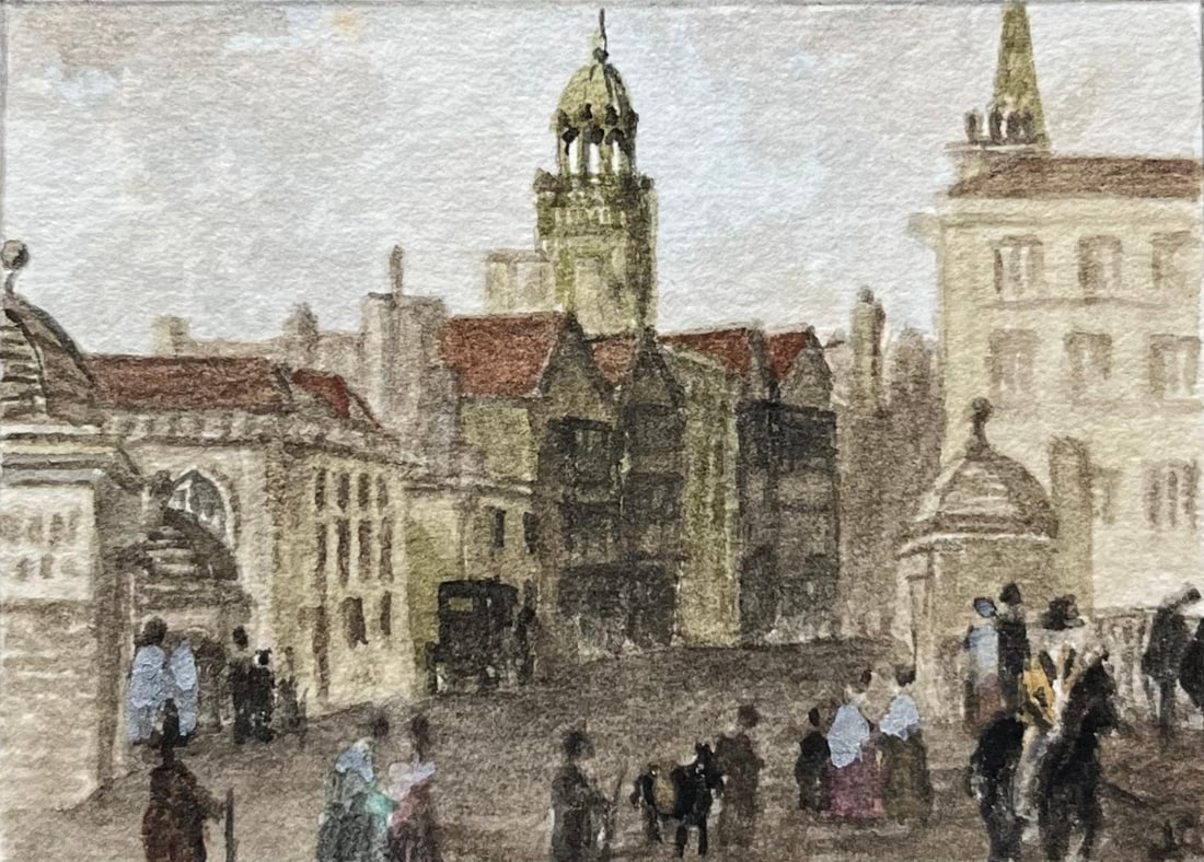 Jack Grunwell; Historic Miniature Watercolor of Bristol Bridge Looking Towards the High Street - 2