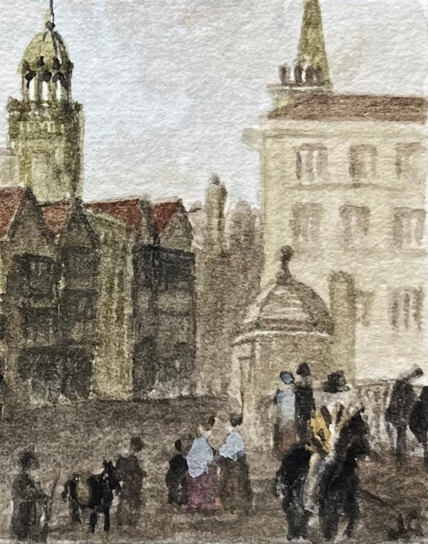 Jack Grunwell; Historic Miniature Watercolor of Bristol Bridge Looking Towards the High Street - 4