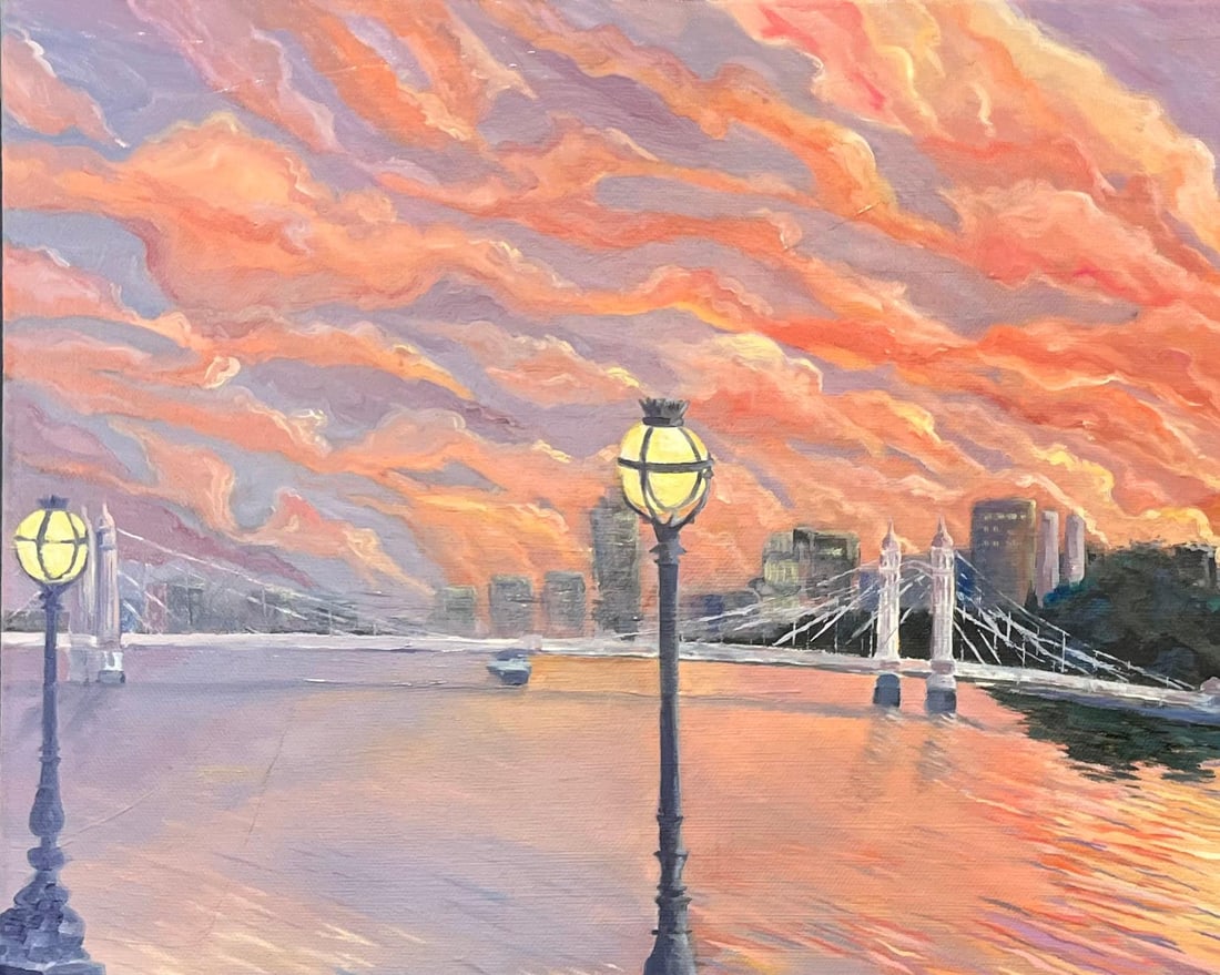 Minty Ramsey; Sunset Oil Painting of Albert Bridge and Thames Riverside View in London, 2025 - 9
