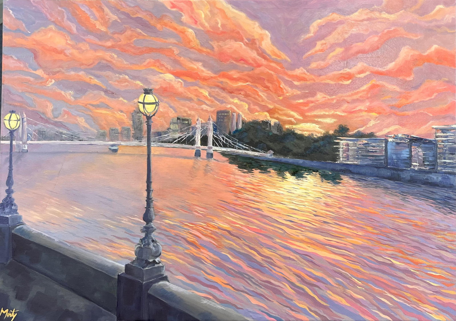 Minty Ramsey; Sunset Oil Painting of Albert Bridge and Thames Riverside View in London, 2025: Title: Minty Ramsey; Sunset Oil Painting of Albert Bridge and Thames Riverside View in London, 2025 Description: Title: Colourful French Harbour with Figures and Boats in Expressionist Style by Fanch