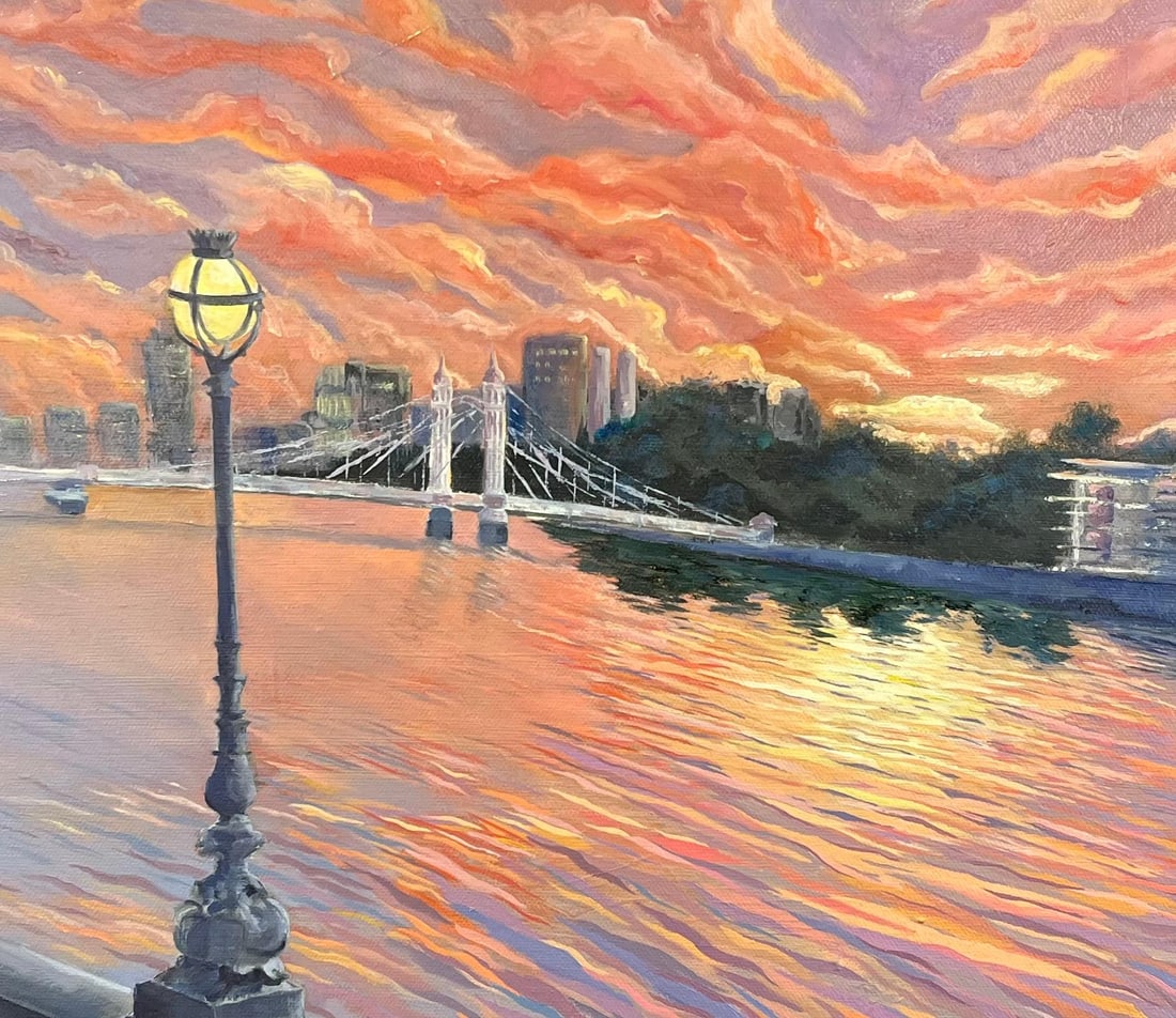 Minty Ramsey; Sunset Oil Painting of Albert Bridge and Thames Riverside View in London, 2025 - 3