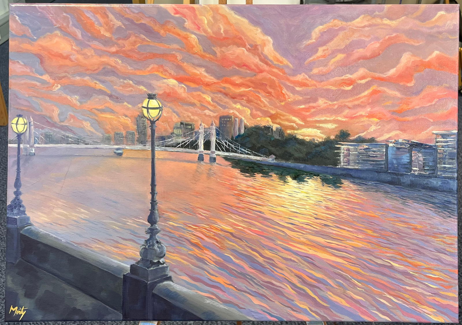 Minty Ramsey; Sunset Oil Painting of Albert Bridge and Thames Riverside View in London, 2025 - 5