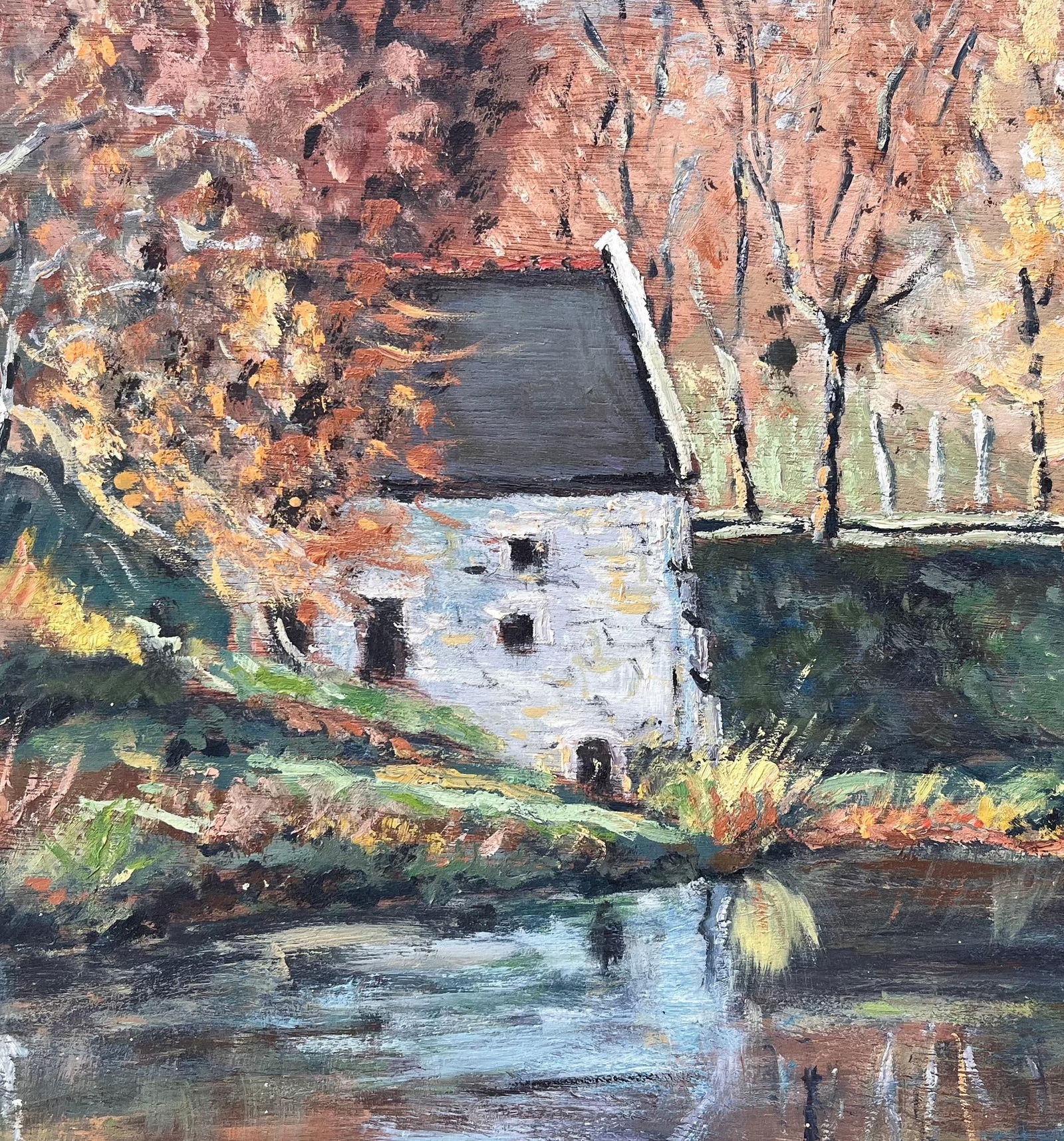 Fanch Lel; French Autumn Landscape Oil Painting of Riverside Mill with Reflections - 5
