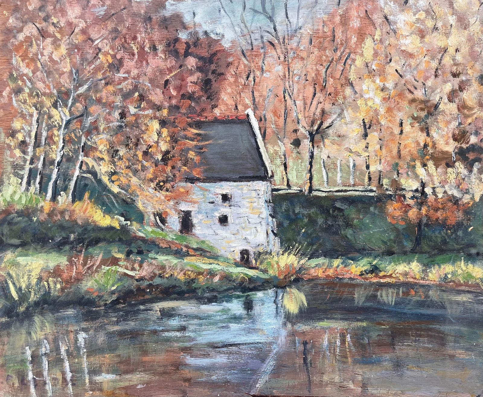 Fanch Lel; French Autumn Landscape Oil Painting of Riverside Mill with Reflections - 7