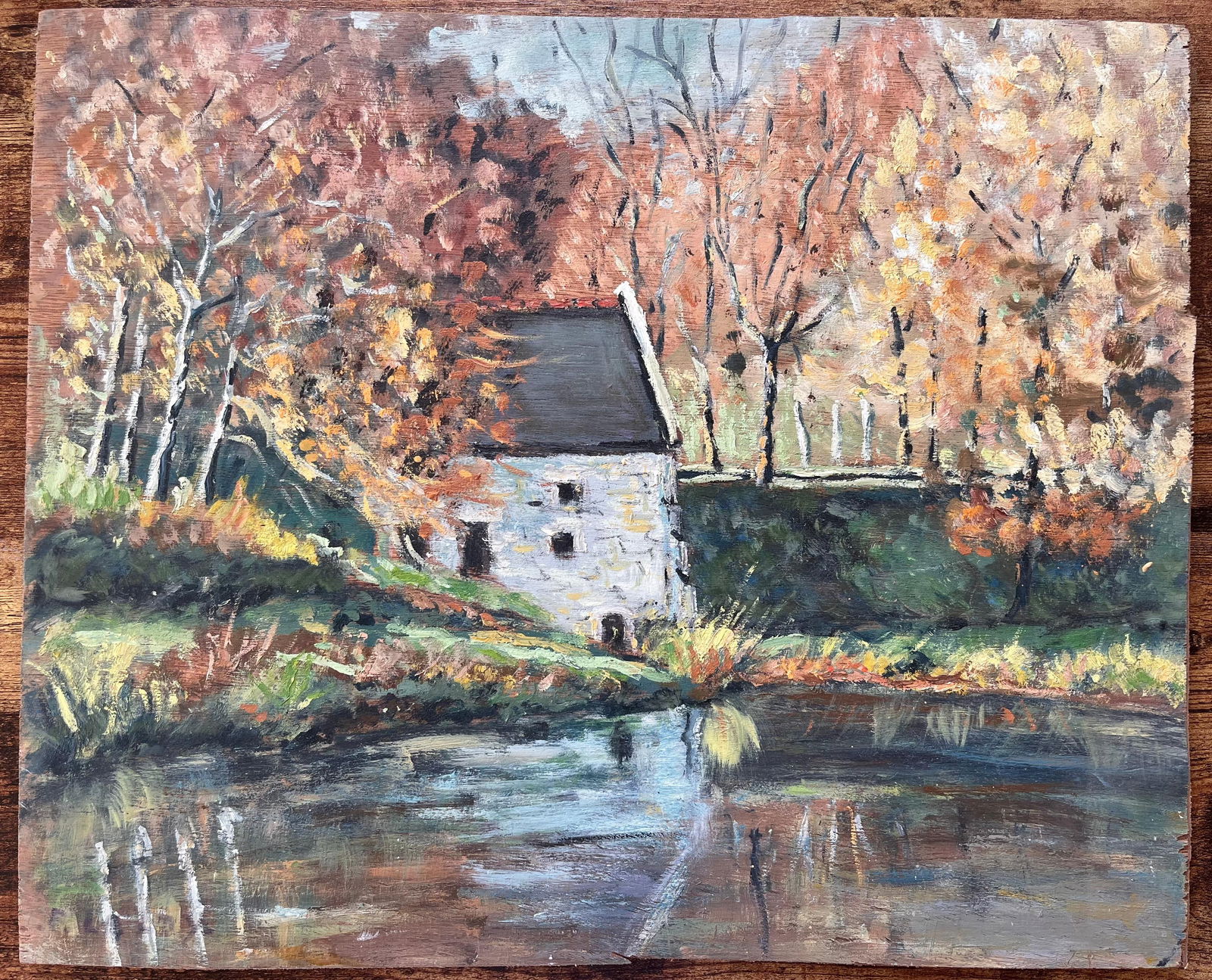Fanch Lel; French Autumn Landscape Oil Painting of Riverside Mill with Reflections - 8