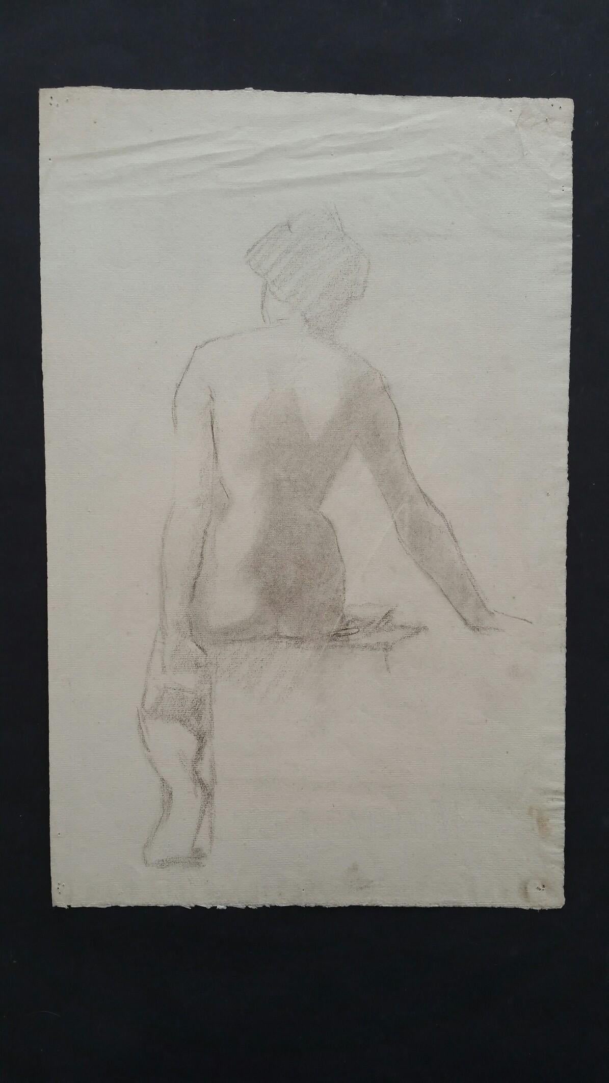 English Graphite Portrait Sketch of Female Figure Rear View Seated, circa 1880-1905 - 5