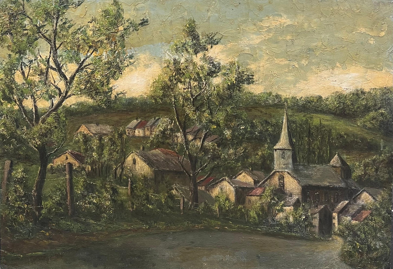 Jean Fourie; Spine Church and Cottages In The Bright Green Field Landscape Oil Painting: Title: Jean Fourie; Spine Church and Cottages In The Bright Green Field Landscape Oil Painting Description: Green Field Landscape by Jean Fourie (1927-2015) French artist, painting in the Champagne