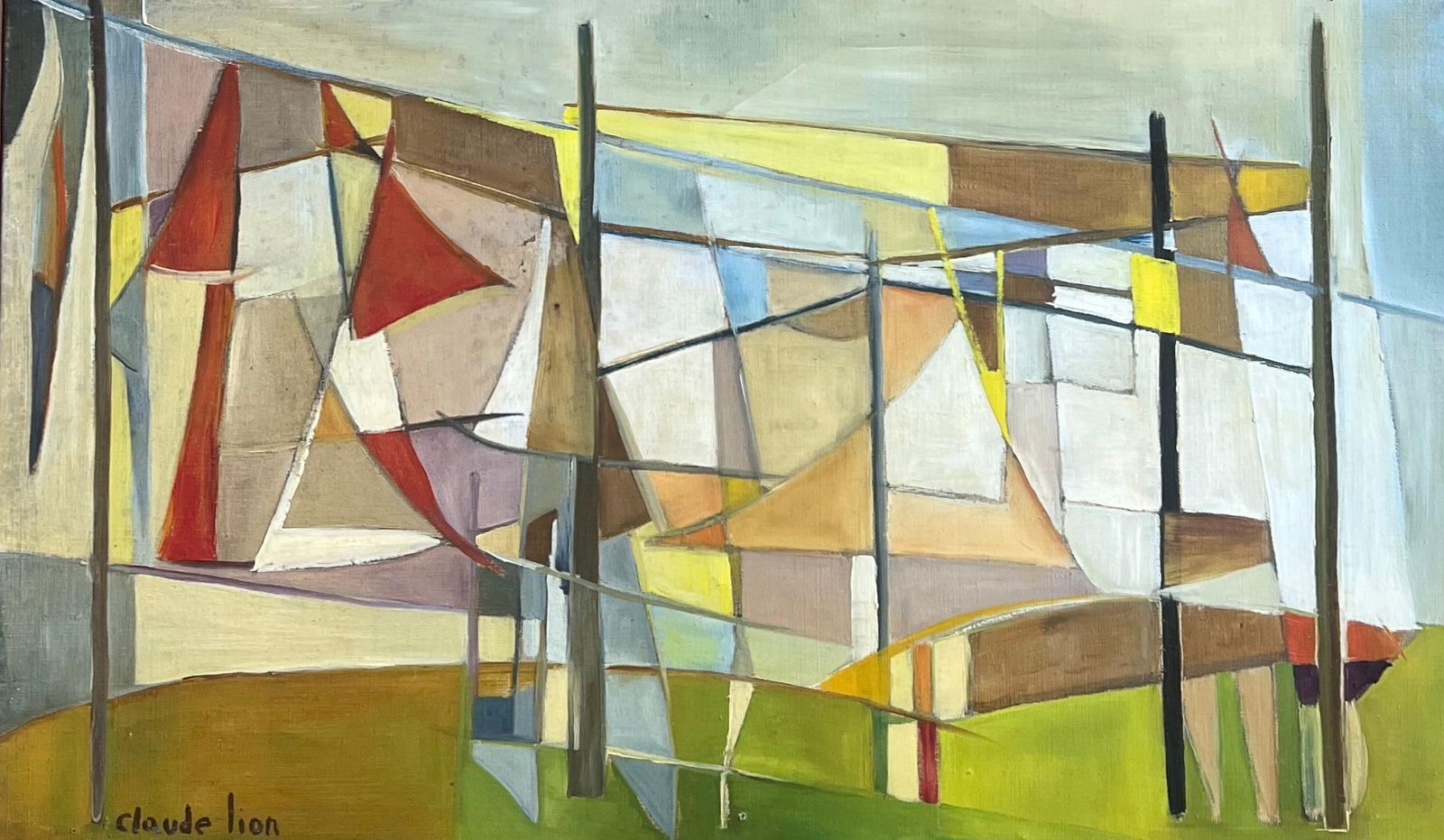 Claude Lion; 1950's French Cubist Signed Oil Abstract Shapes Colorful Composition, 1954 - 5