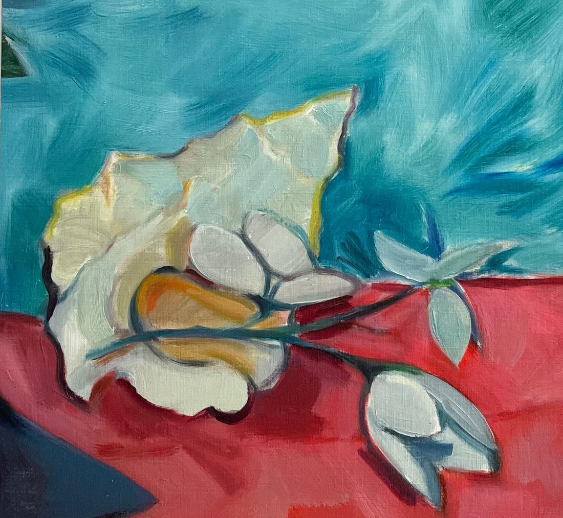 Roland Pichard; Original Oil Painting of a Shell and Blossoms on Crimson Fabric, 1995 - 6