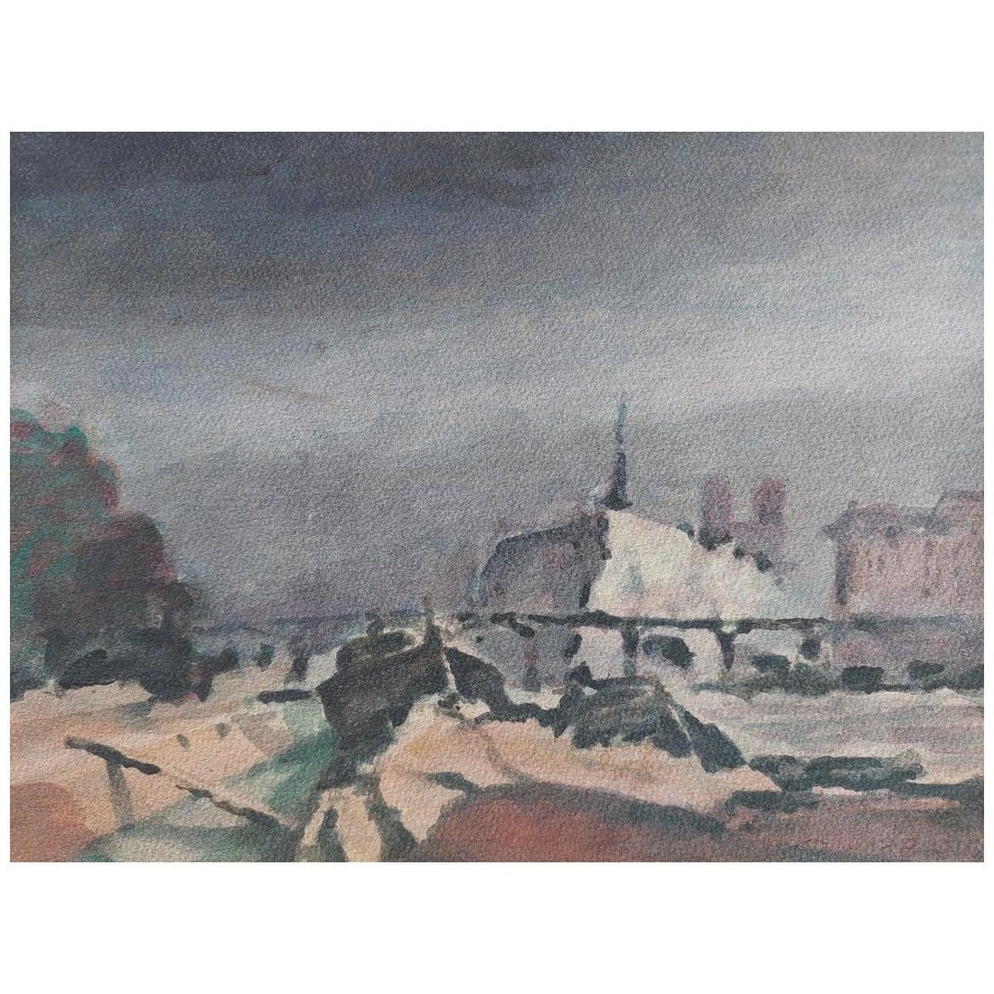 French Modernist Cubist Painting Storm Approaching Paris, 21st Century: Title: French Modernist Cubist Painting Storm Approaching Paris, 21st Century Description: Figures in Parisian Cityscape by Maurice Mazeilie (French, 1924-2021). watercolor painting on artist paper, u