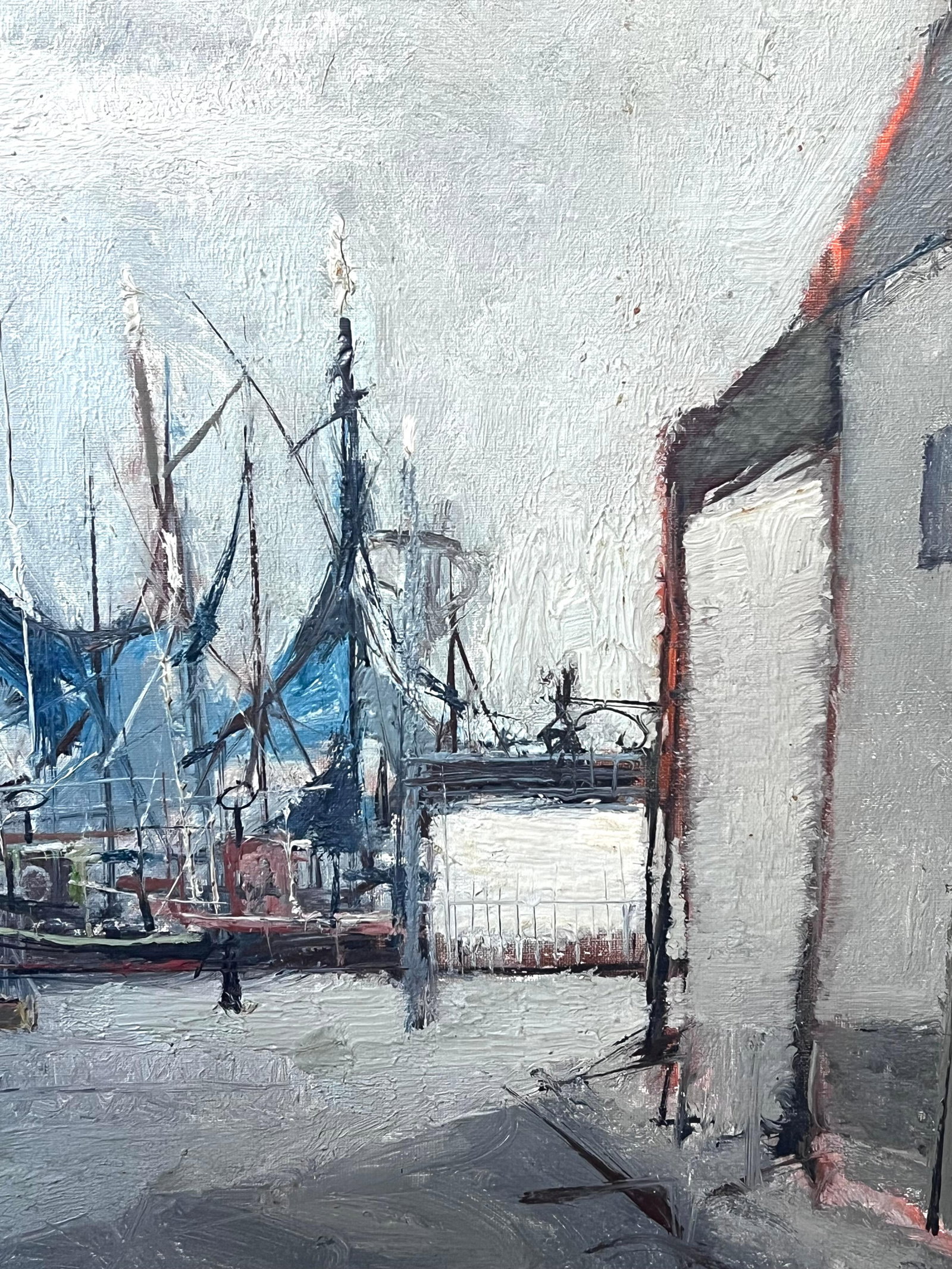 Michel Gassies; Mid 20th Century French Signed Oil Painting Boats in Harbor Moody Grey Colors - 7