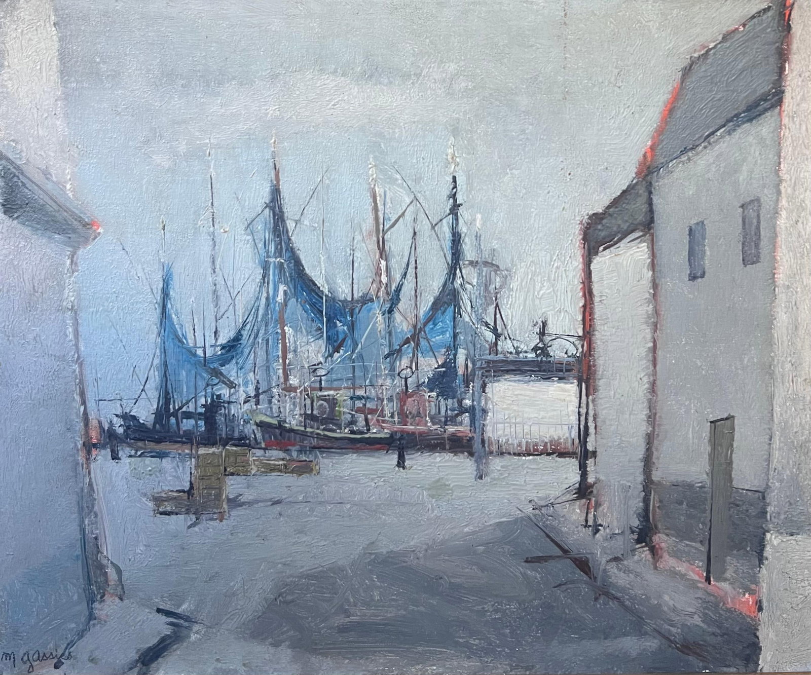 Michel Gassies; Mid 20th Century French Signed Oil Painting Boats in Harbor Moody Grey Colors - 9