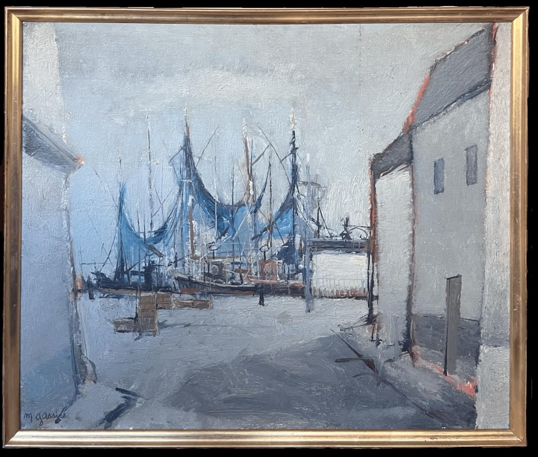 Michel Gassies; Mid 20th Century French Signed Oil Painting Boats in Harbor Moody Grey Colors - 4