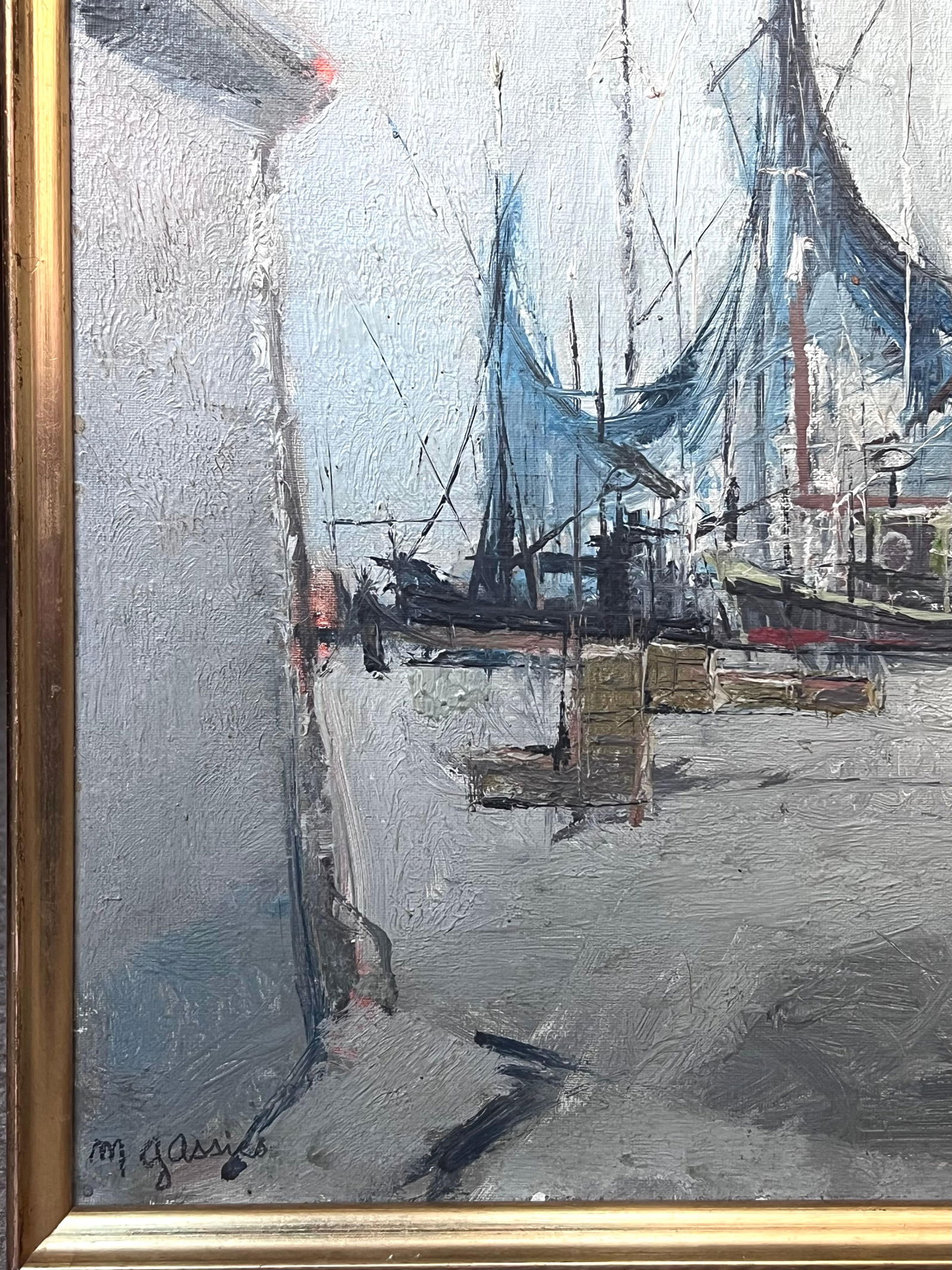 Michel Gassies; Mid 20th Century French Signed Oil Painting Boats in Harbor Moody Grey Colors - 5